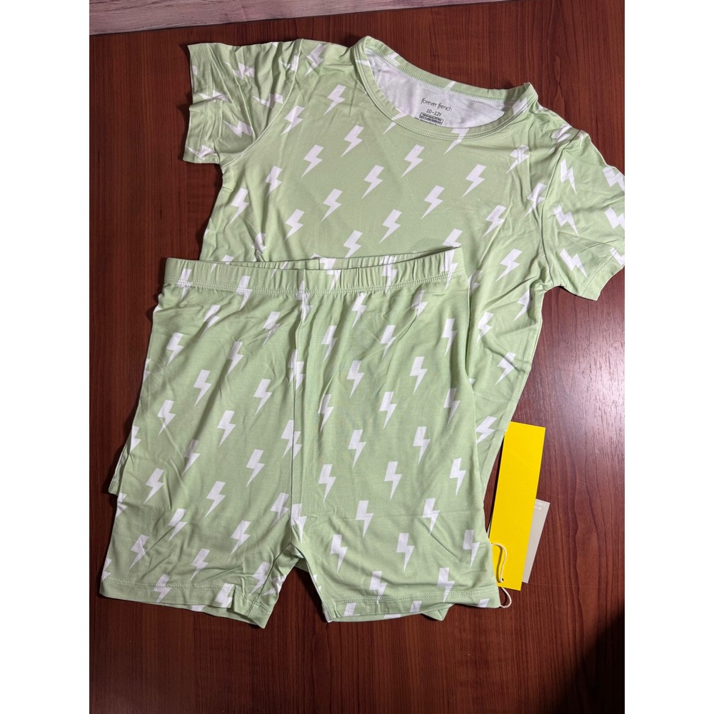 Forever French Kids Pajama Set Mint Green Lightning Bolt Short Sleeve 10-12Y NWT